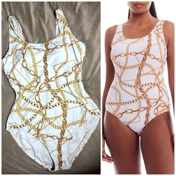 Cover Girl White Gold Chain Print Scoop One Piece Swimsuit Curvy Plus Size 16 1X - Picture 1 of 9